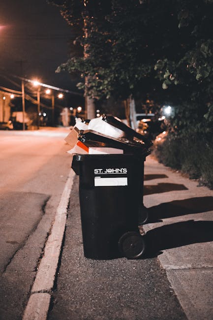 A single black wheelie bin with the label 'St. John's' on its front is positioned on a sidewalk beside a kerb in an urban area at night. The bin is filled with various waste materials, including cardboard boxes and plastic packaging, some of which are slightly protruding from the open lid. The bin is made of durable plastic with a textured surface and two small wheels at its base for mobility. Behind the bin, there are trees and shrubs lining the pavement, partly obscuring the view of parked cars and the street in the background. Streetlights cast a warm, diffuse glow on the scene, creating soft shadows and highlighting the bin's dark surface. The overall atmosphere suggests an area where independent waste disposal, such as private rubbish collection services, takes place, supporting the context of alternative rubbish removal options for local residents, managed by companies like Rubbish Removal Stockwell.